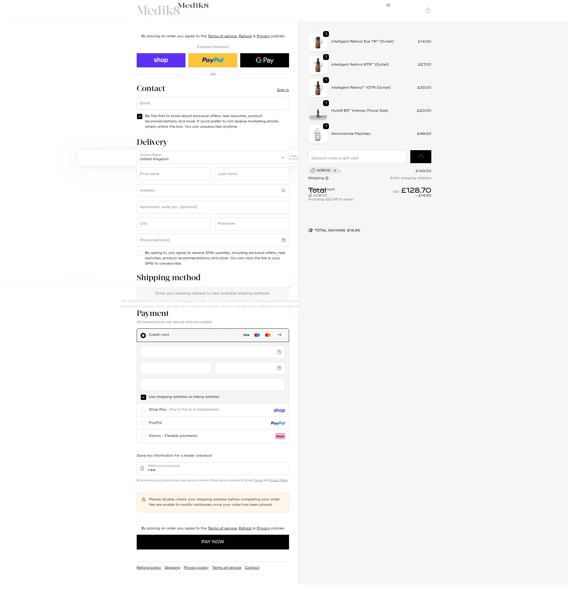 Medik8 checkout page showing Medik8 discount code box | Screenshot taken by SimplyCodes community member on Feb 19, 2026