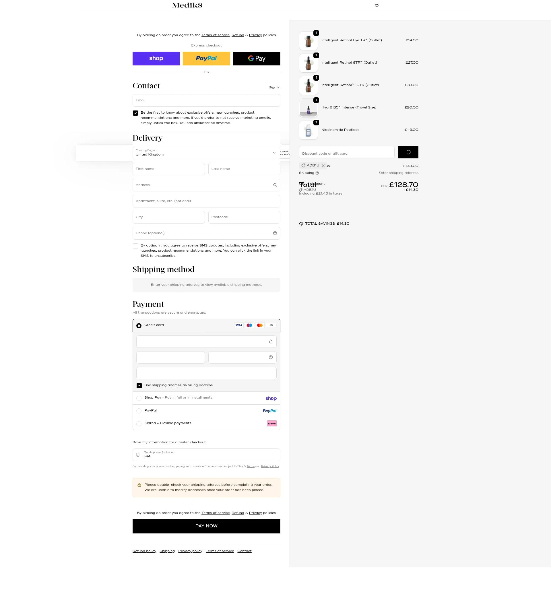 Medik8 checkout page showing Medik8 discount code box | Screenshot taken by SimplyCodes community member on Feb 19, 2026