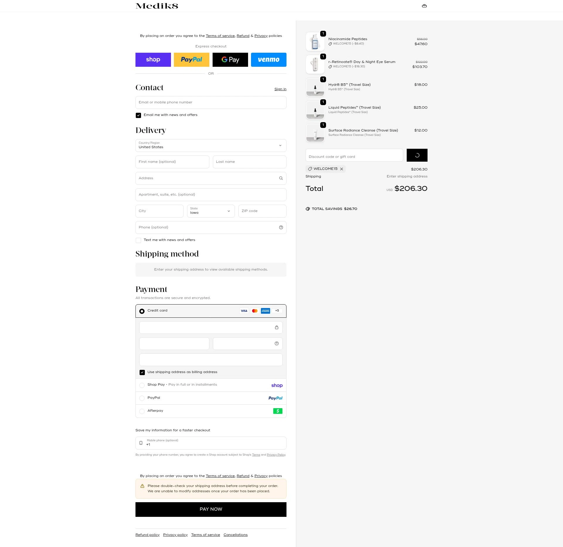 Medik8 US checkout page showing Medik8 US promo code box | Screenshot taken by SimplyCodes community member on Feb 19, 2026