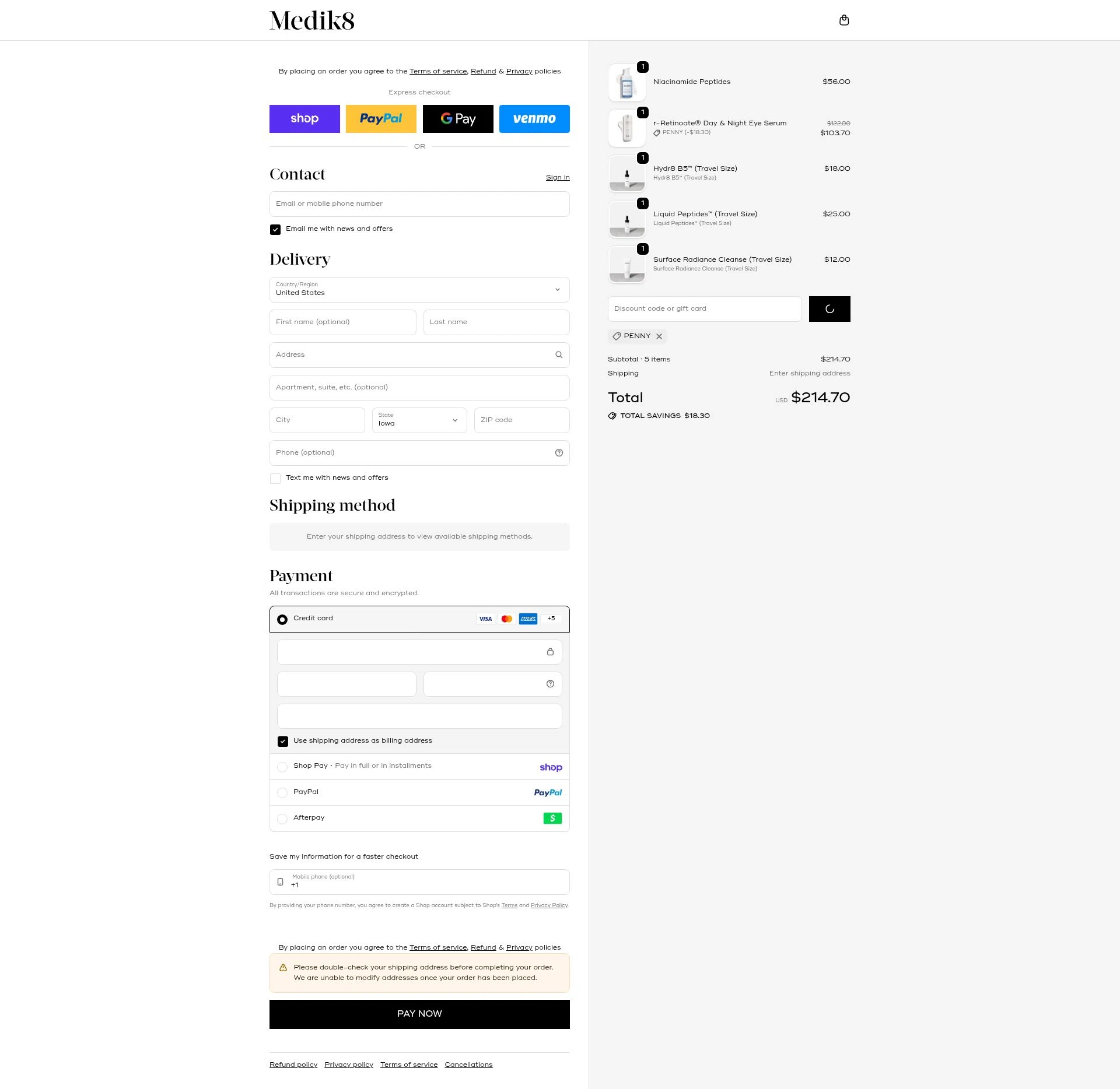 Medik8 US checkout page showing Medik8 US promo code box | Screenshot taken by SimplyCodes community member on Feb 19, 2026