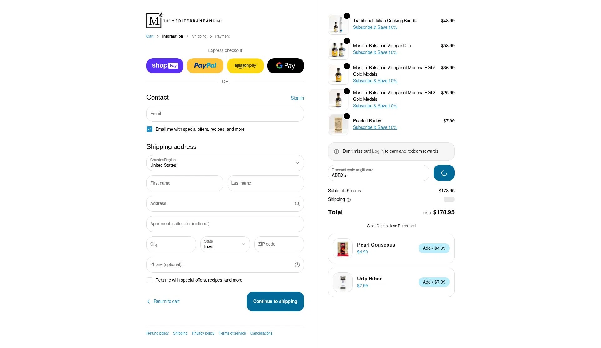 The Mediterranean Dish checkout page showing The Mediterranean Dish promo code box | Screenshot taken by SimplyCodes community member on Jan 10, 2026