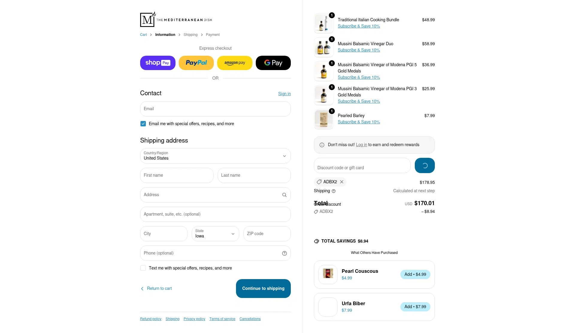 The Mediterranean Dish checkout page showing The Mediterranean Dish promo code box | Screenshot taken by SimplyCodes community member on Jan 10, 2026