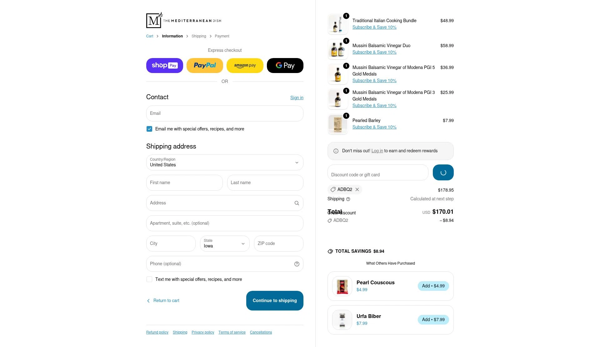 The Mediterranean Dish checkout page showing The Mediterranean Dish promo code box | Screenshot taken by SimplyCodes community member on Jan 10, 2026