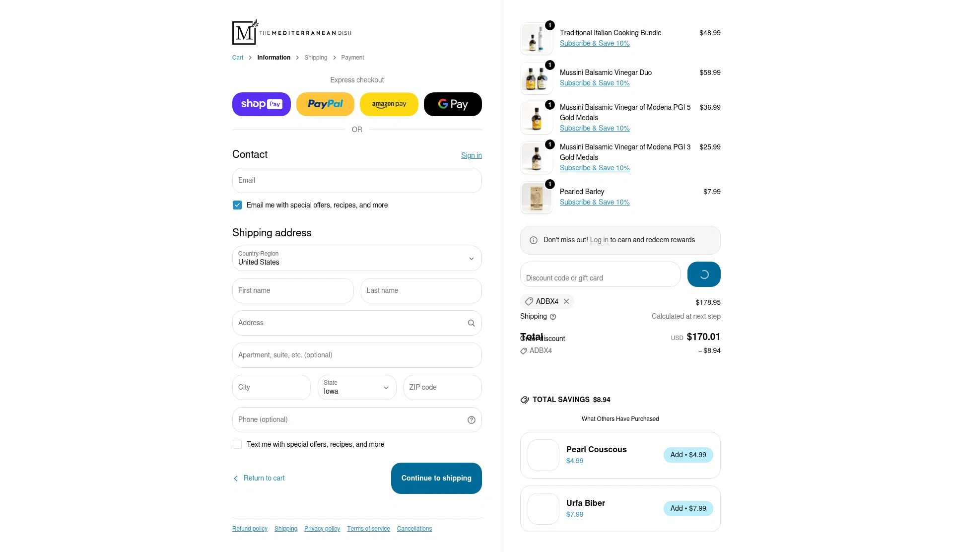 The Mediterranean Dish checkout page showing The Mediterranean Dish promo code box | Screenshot taken by SimplyCodes community member on Jan 10, 2026