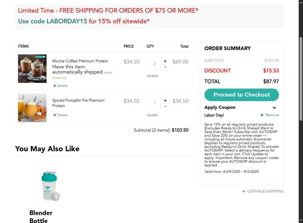 Medi-Weightloss checkout page showing Medi-Weightloss promo code box | Screenshot taken by SimplyCodes community member on Aug 30, 2025