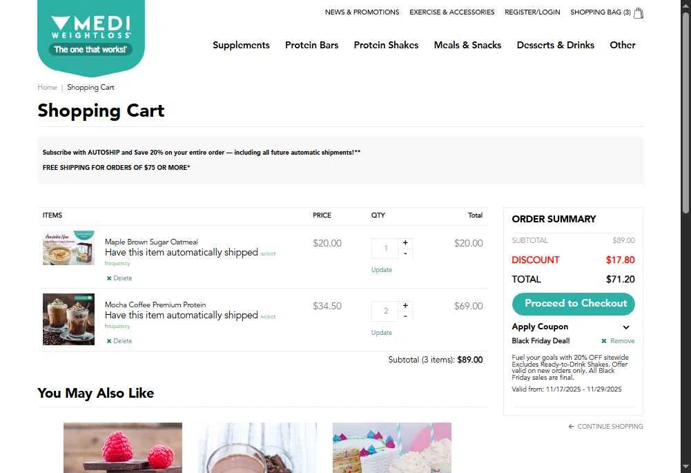 Medi-Weightloss checkout page showing Medi-Weightloss promo code box | Screenshot taken by SimplyCodes community member on Nov 17, 2025