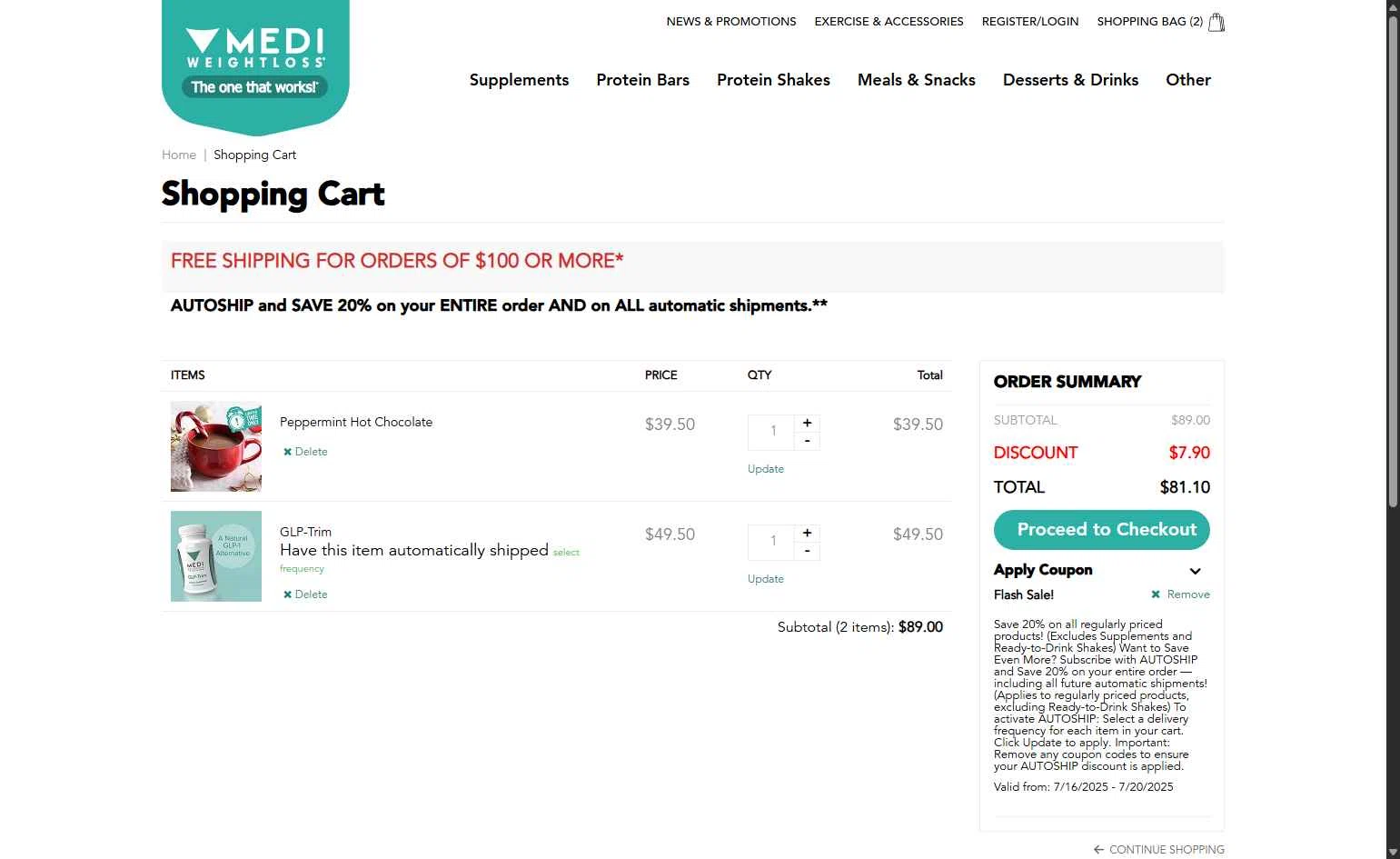 Medi-Weightloss checkout page showing Medi-Weightloss promo code box | Screenshot taken by SimplyCodes community member on Jul 17, 2025