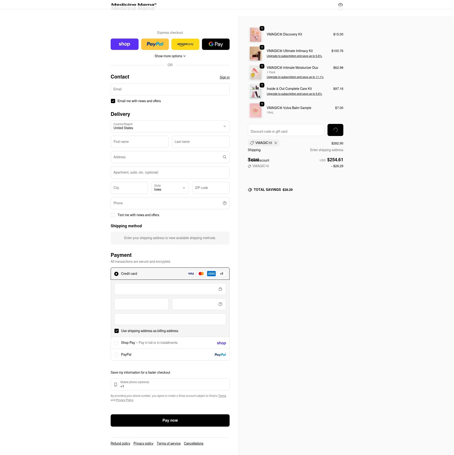 Medicine Mama's Apothecary checkout page showing Medicine Mama's Apothecary promo code box | Screenshot taken by SimplyCodes community member on Feb 18, 2026