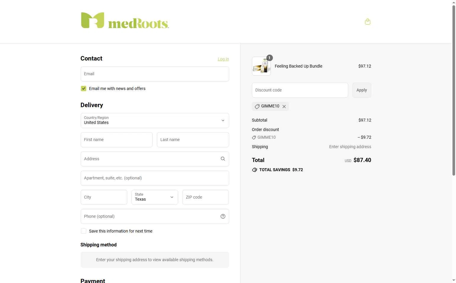 MedRoots checkout page showing MedRoots promo code box | Screenshot taken by SimplyCodes community member on Jul 13, 2025