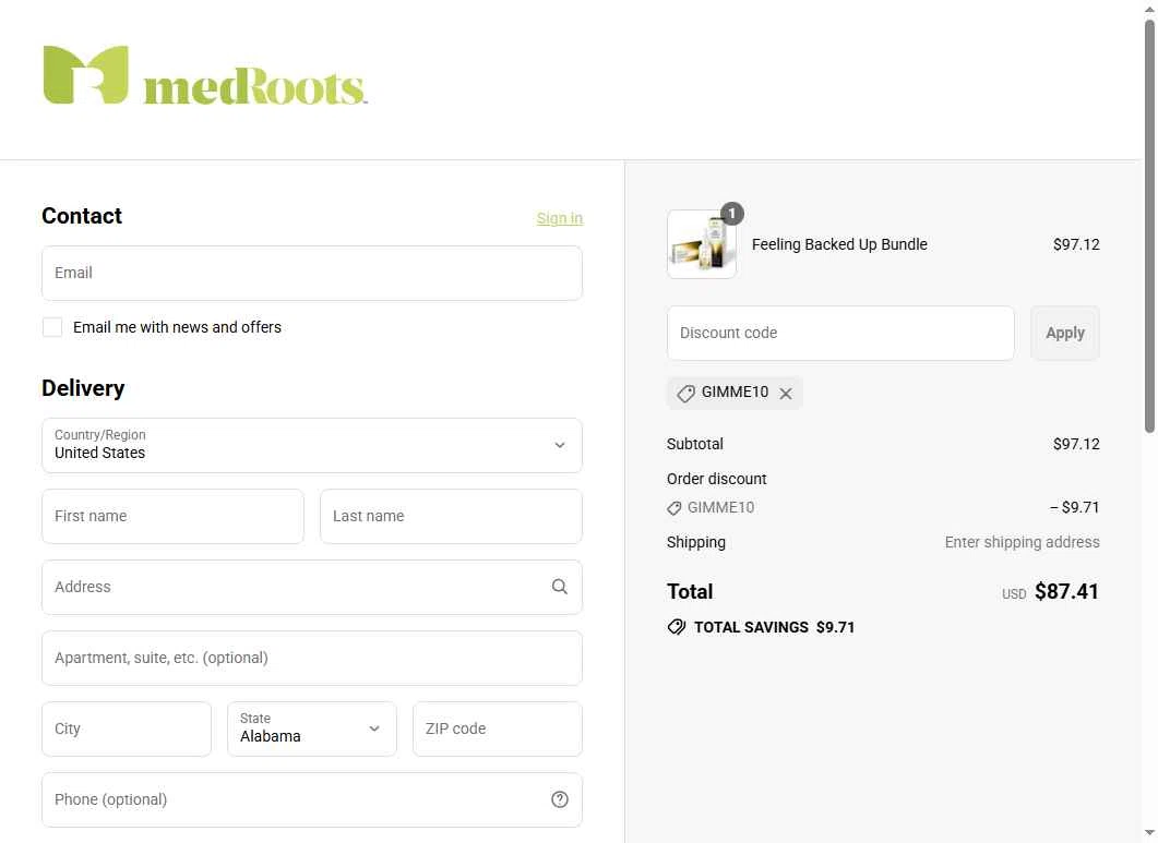 MedRoots checkout page showing MedRoots promo code box | Screenshot taken by SimplyCodes community member on Sep 9, 2025
