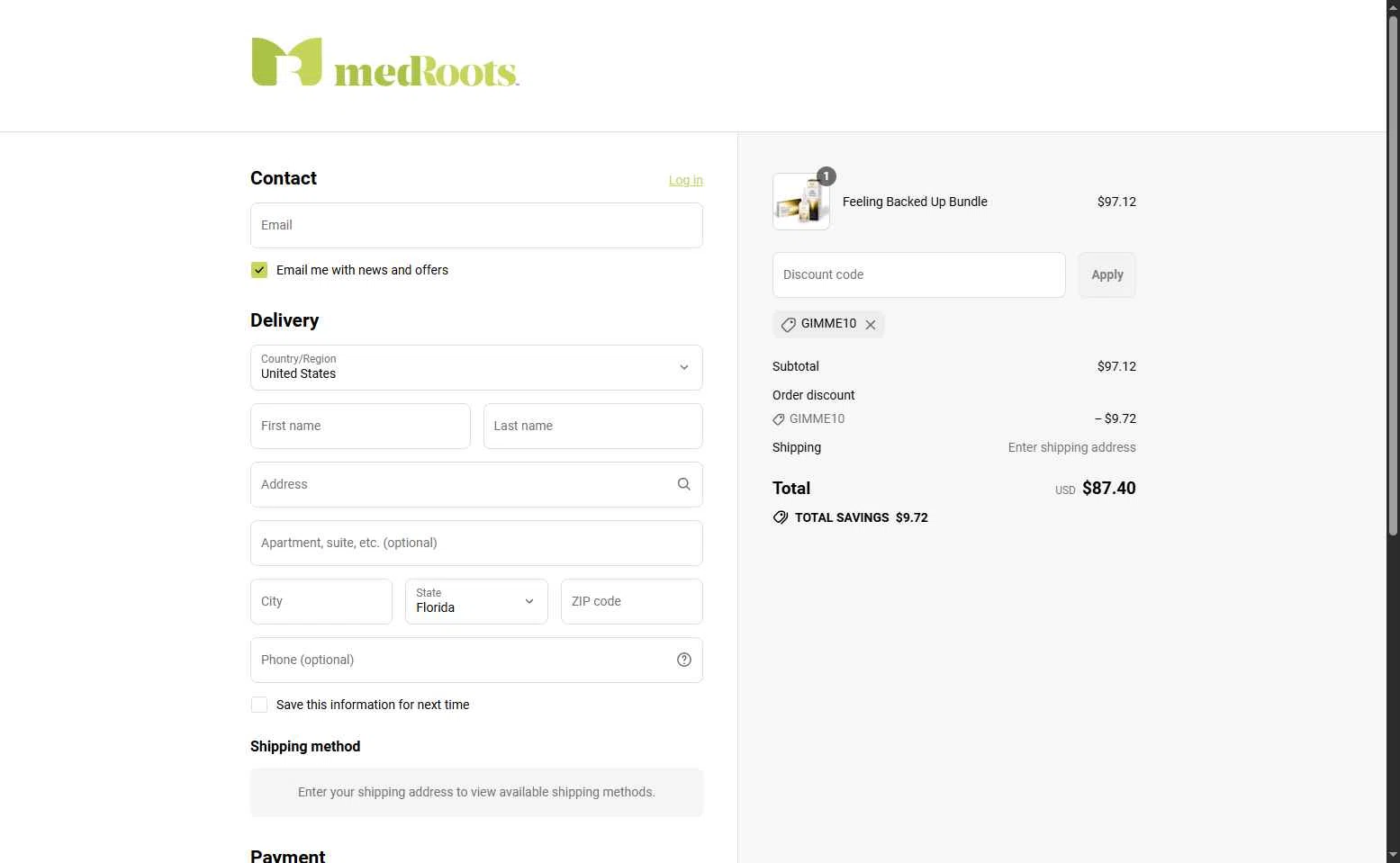 MedRoots checkout page showing MedRoots promo code box | Screenshot taken by SimplyCodes community member on Jul 13, 2025