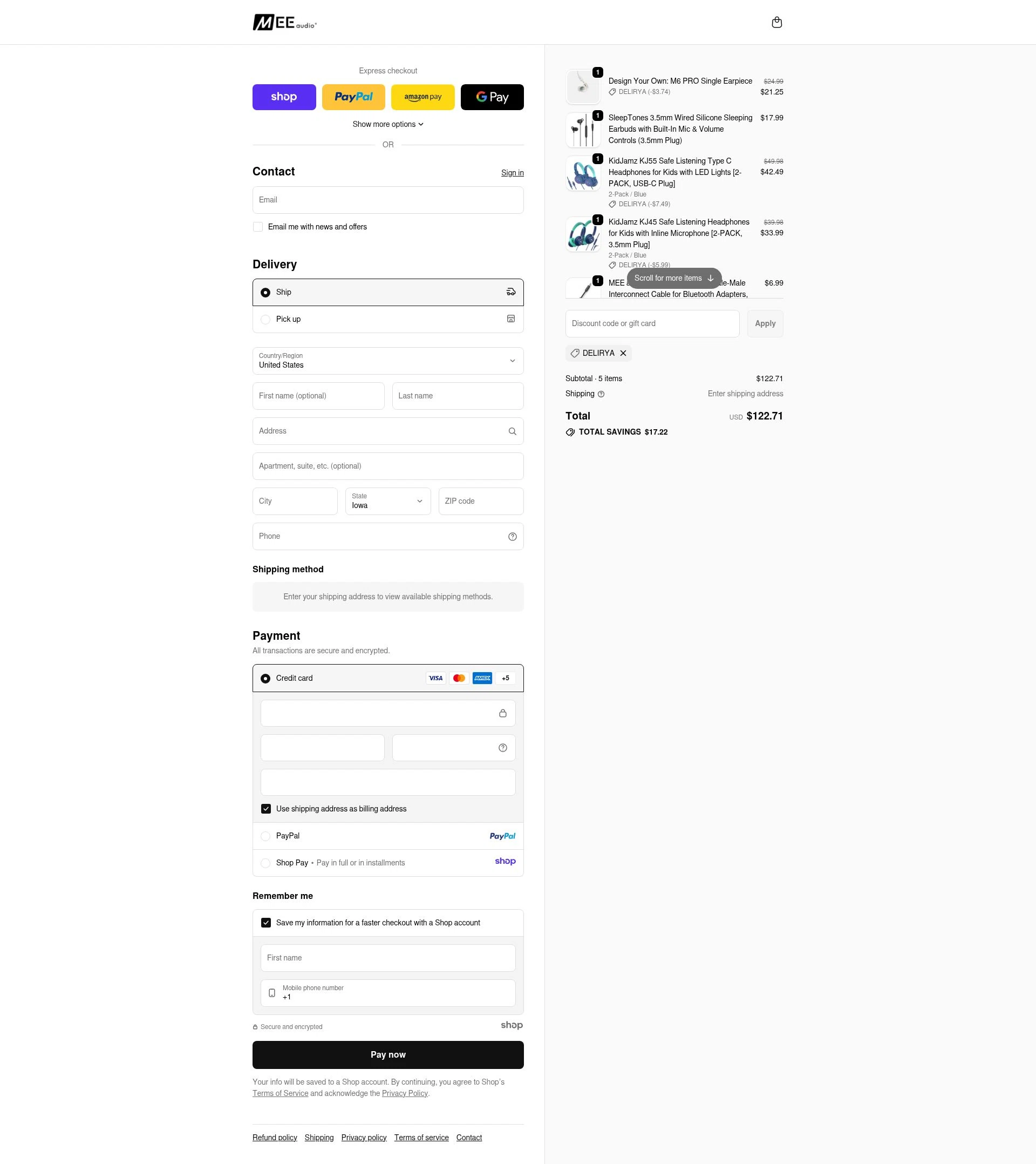 MEE Audio checkout page showing MEE Audio discount code box | Screenshot taken by SimplyCodes community member on Dec 8, 2025