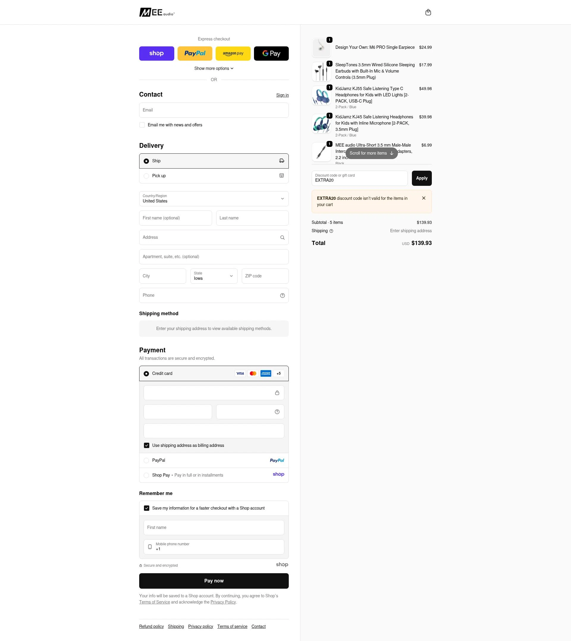 MEE Audio checkout page showing MEE Audio discount code box | Screenshot taken by SimplyCodes community member on Dec 8, 2025