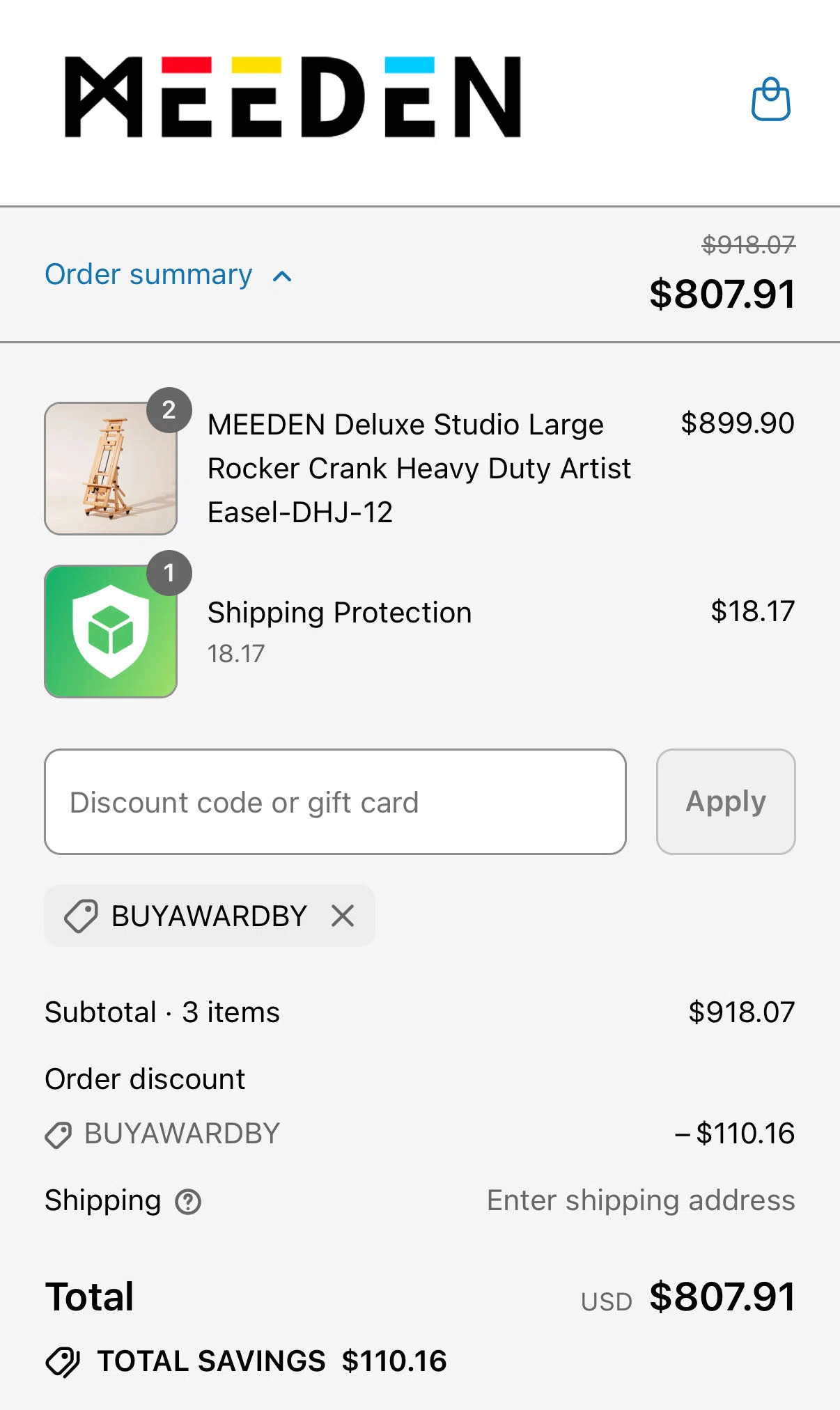 MEEDEN ART discount code screenshot showing code Get15 applied at MEEDEN ART checkout page. Uploaded by SimplyCodes community member Worker on Jan 8, 2026