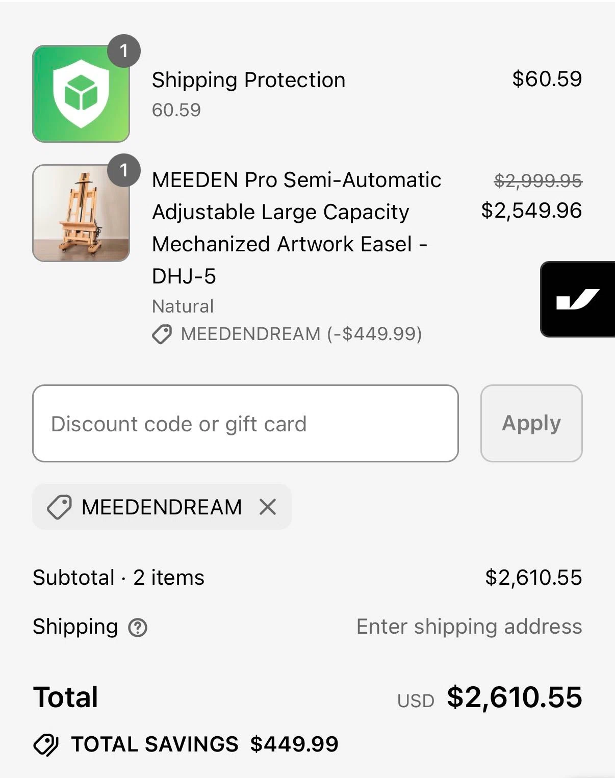 MEEDEN ART discount code screenshot showing code MEEDENDREAM applied at MEEDEN ART checkout page. Uploaded by SimplyCodes community member Worker on Jan 3, 2026