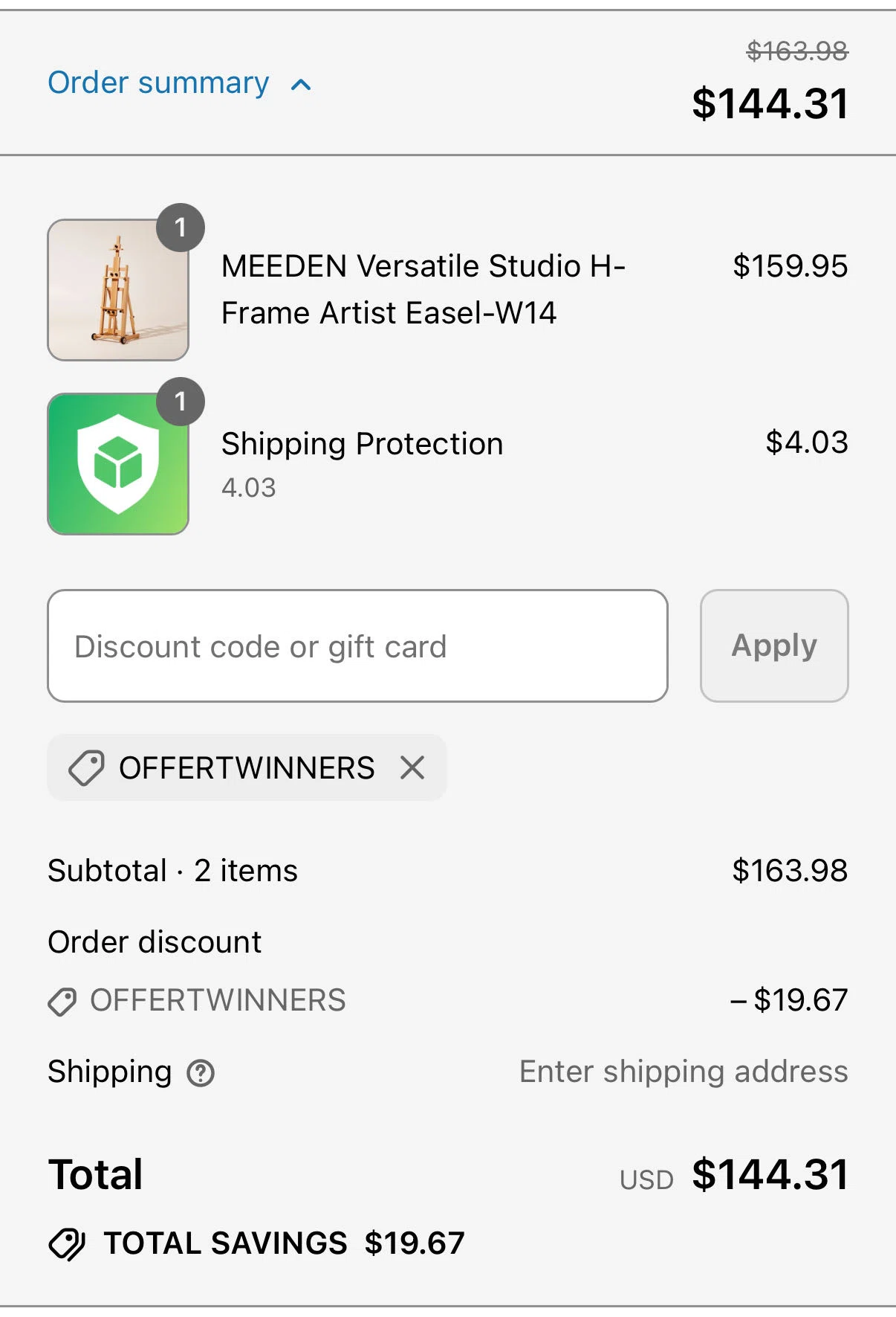 MEEDEN ART discount code screenshot showing code get15 applied at MEEDEN ART checkout page. Uploaded by SimplyCodes community member familyschollis on Jan 7, 2026