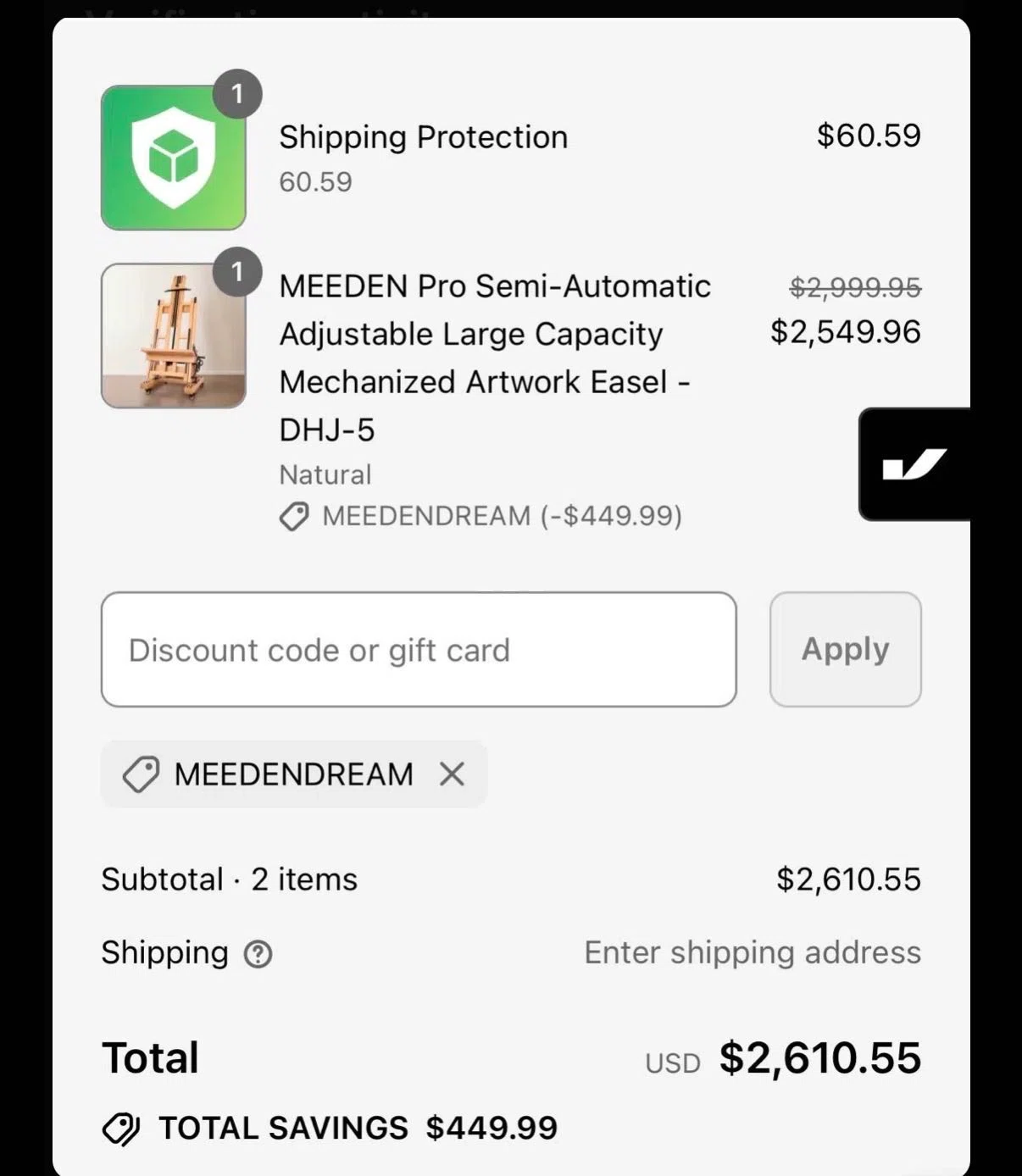 MEEDEN ART discount code screenshot showing code MEEDENDREAM applied at MEEDEN ART checkout page. Uploaded by SimplyCodes community member Worker on Jan 8, 2026