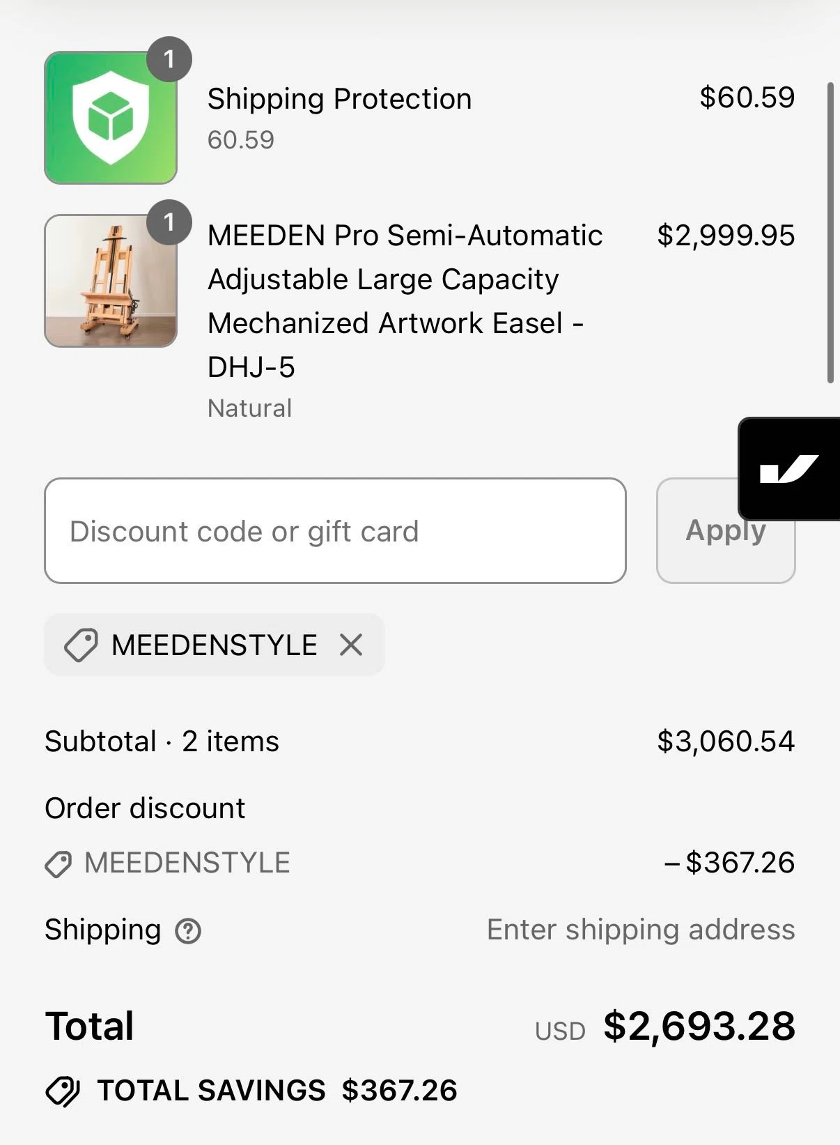 MEEDEN ART discount code screenshot showing code WELCOME2 applied at MEEDEN ART checkout page. Uploaded by SimplyCodes community member familyschollis on Dec 10, 2025