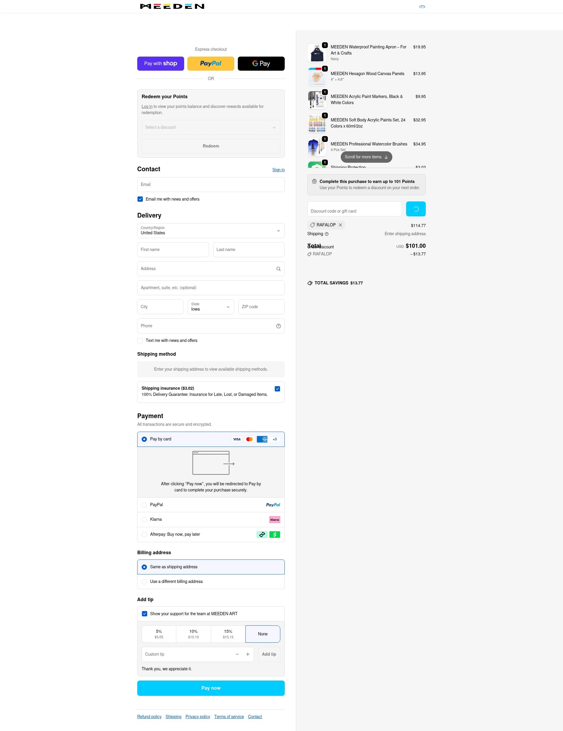 MEEDEN ART checkout page showing MEEDEN ART discount code box | Screenshot taken by SimplyCodes community member on Jan 10, 2026