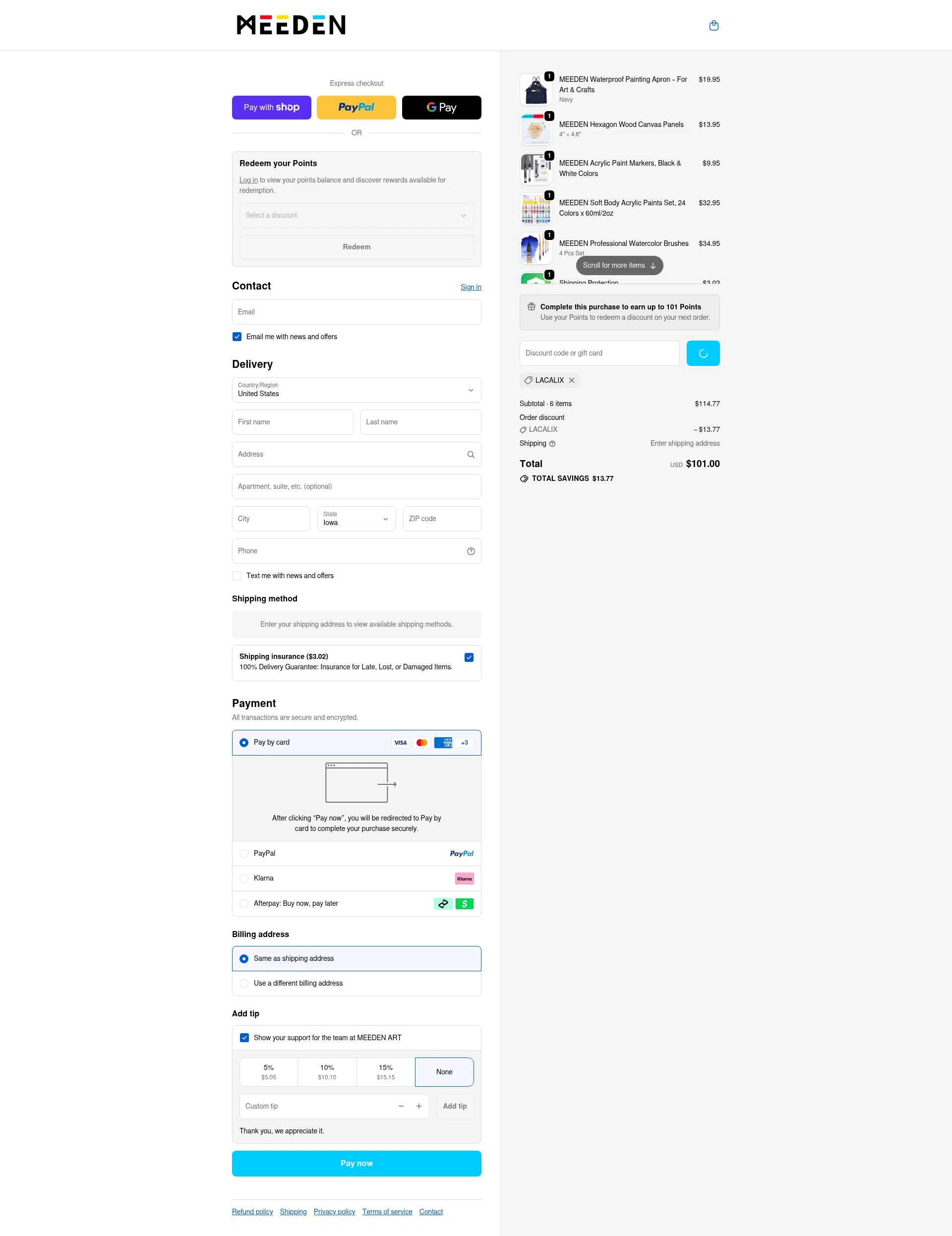 MEEDEN ART checkout page showing MEEDEN ART discount code box | Screenshot taken by SimplyCodes community member on Jan 10, 2026
