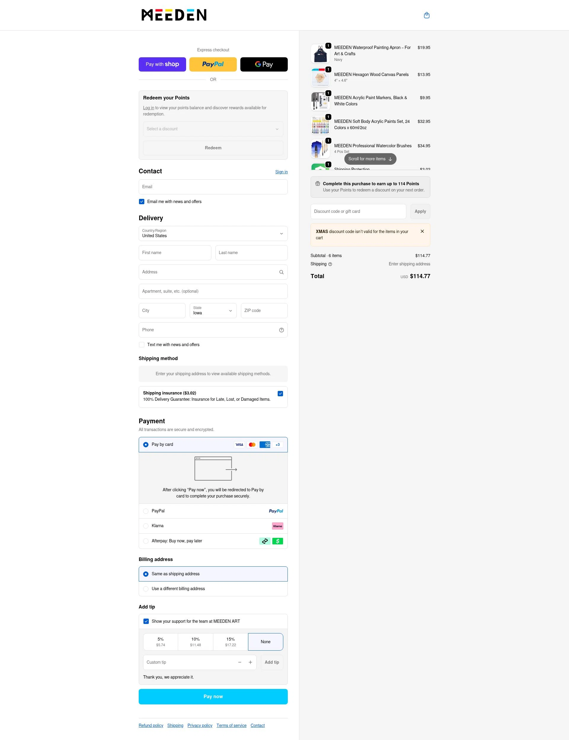 MEEDEN ART checkout page showing MEEDEN ART discount code box | Screenshot taken by SimplyCodes community member on Jan 10, 2026