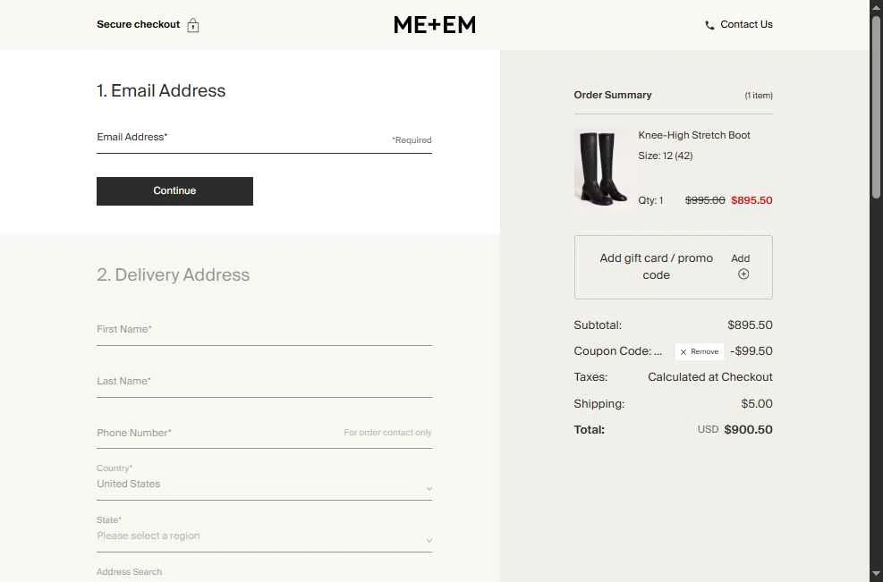 ME+EM checkout page showing ME+EM promo code box | Screenshot taken by SimplyCodes community member on Dec 26, 2025
