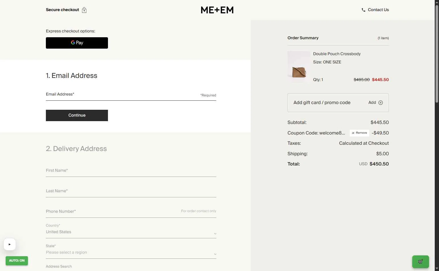 ME+EM checkout page showing ME+EM promo code box | Screenshot taken by SimplyCodes community member on Jan 13, 2026