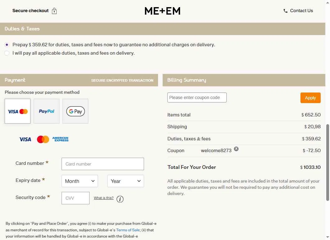 ME+EM checkout page showing ME+EM promo code box | Screenshot taken by SimplyCodes community member on Feb 5, 2026