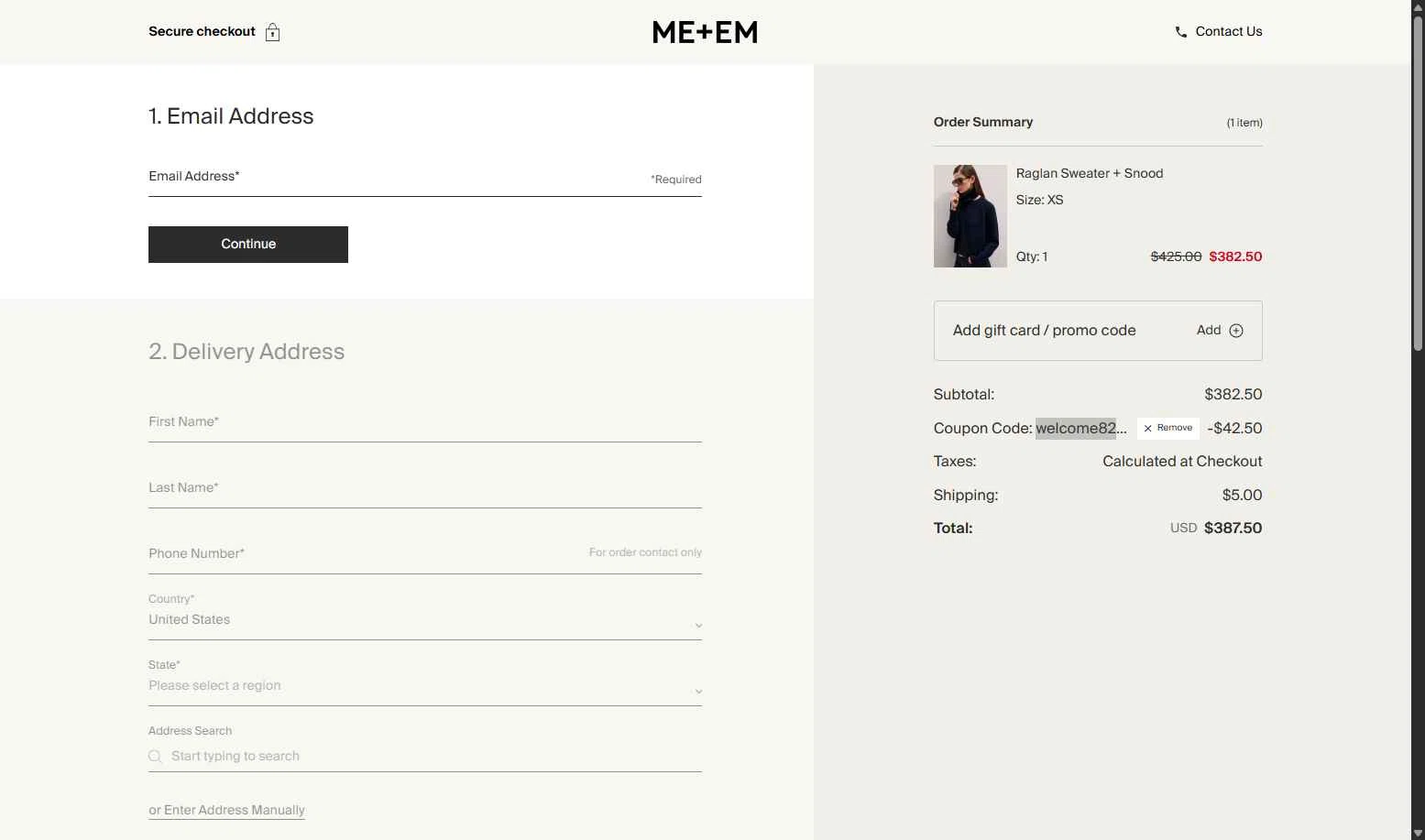 ME+EM checkout page showing ME+EM promo code box | Screenshot taken by SimplyCodes community member on Dec 18, 2025