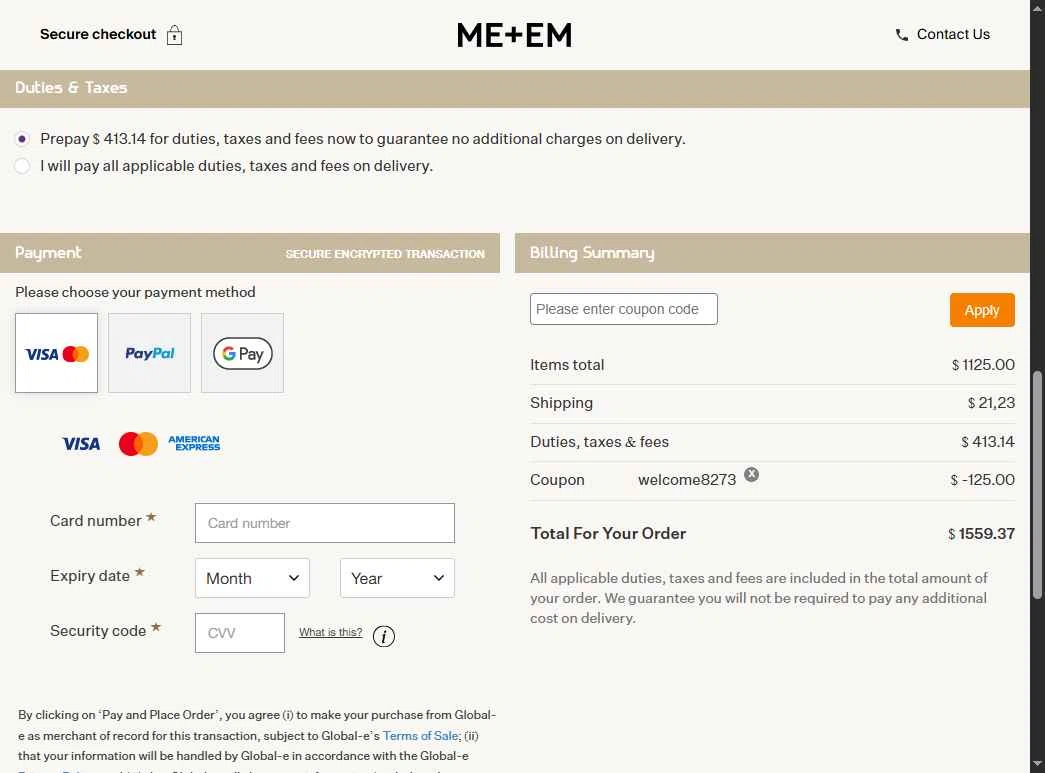 ME+EM checkout page showing ME+EM promo code box | Screenshot taken by SimplyCodes community member on Jan 28, 2026
