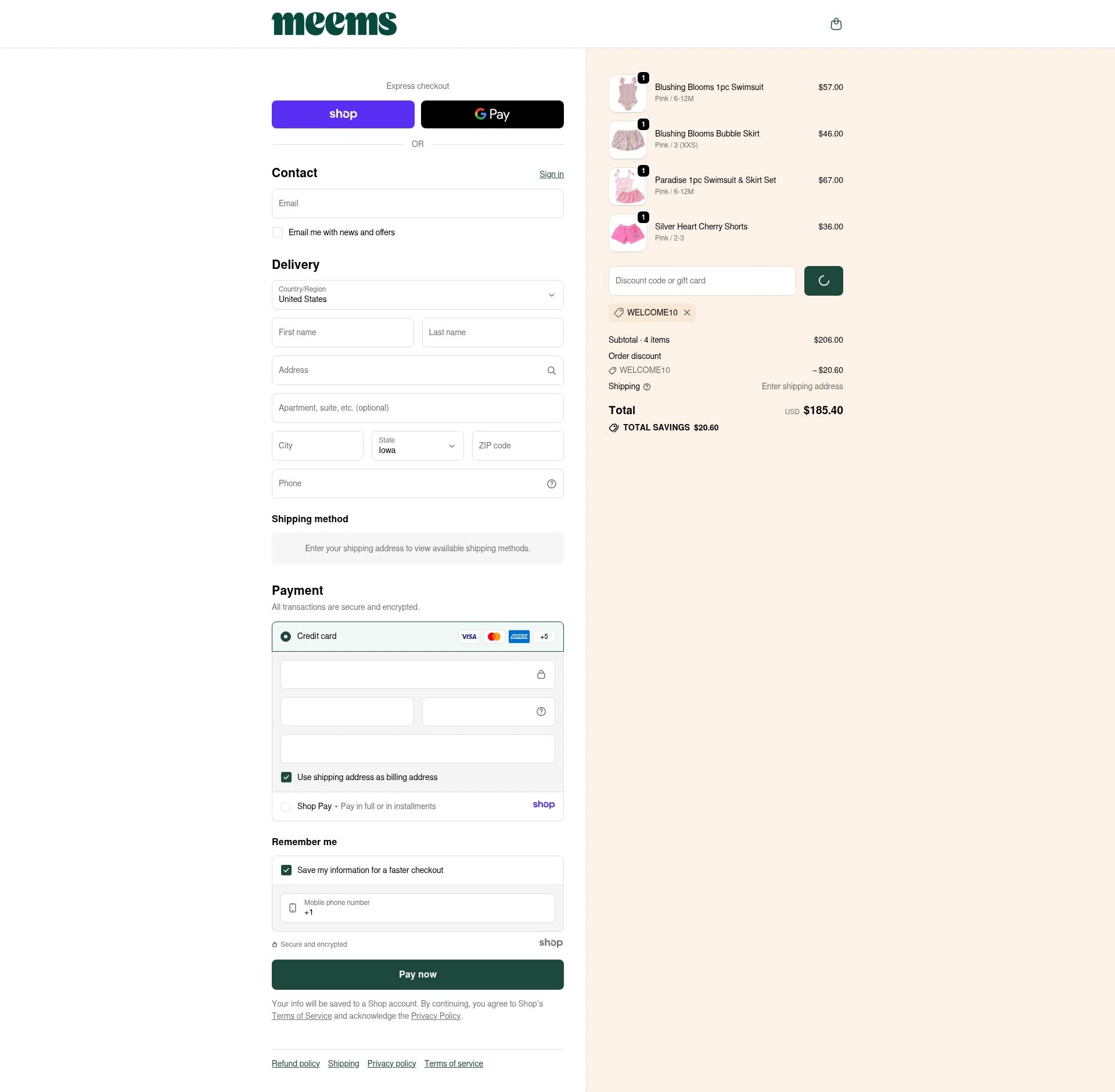 Meems checkout page showing Meems promo code box | Screenshot taken by SimplyCodes community member on Dec 29, 2025
