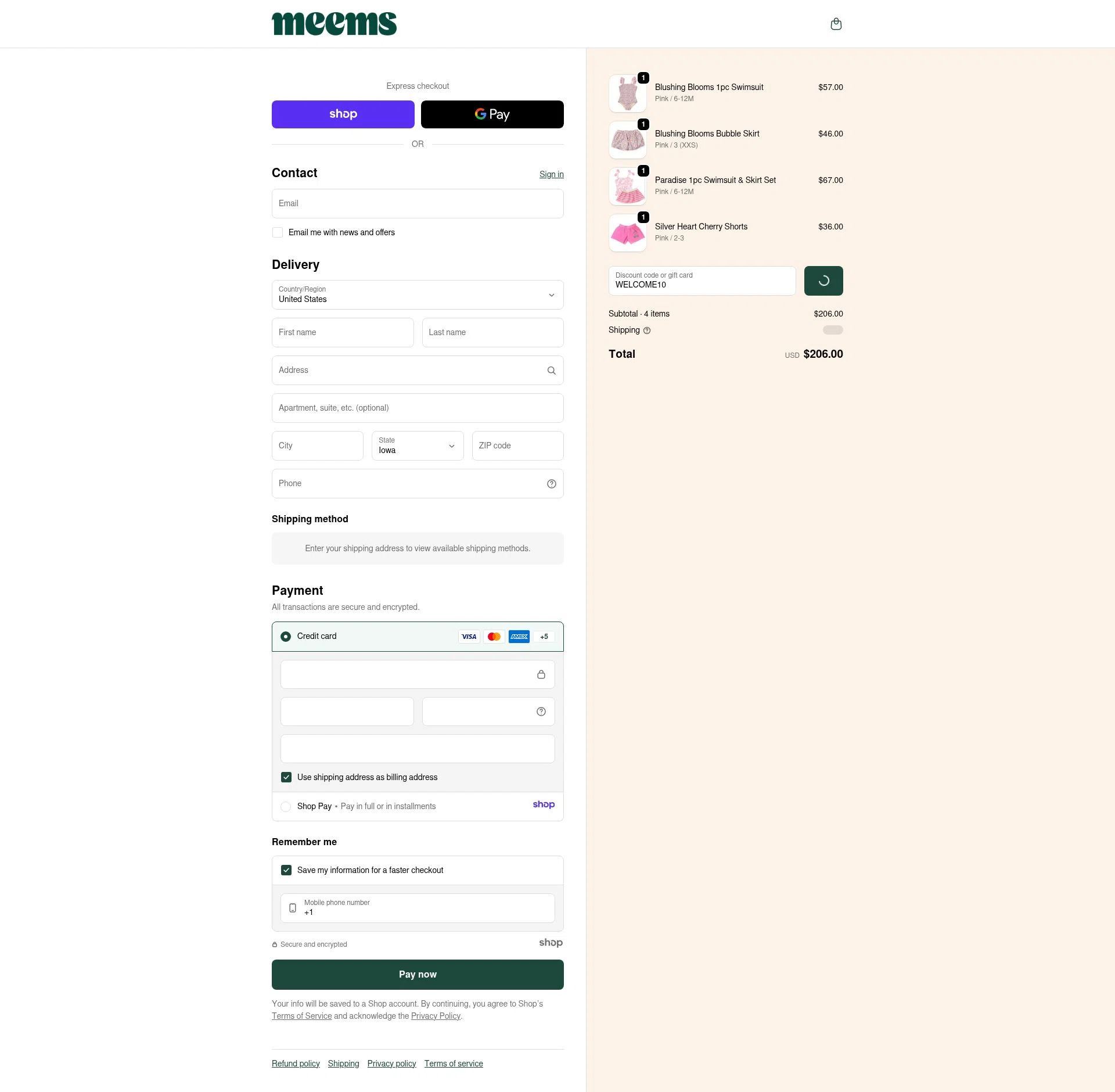 Meems checkout page showing Meems promo code box | Screenshot taken by SimplyCodes community member on Dec 24, 2025