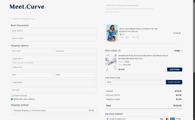 Meet.Curve checkout page showing Meet.Curve coupon code box | Screenshot taken by SimplyCodes community member on Sep 9, 2025