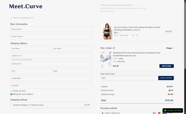 Meet.Curve checkout page showing Meet.Curve coupon code box | Screenshot taken by SimplyCodes community member on Sep 11, 2025
