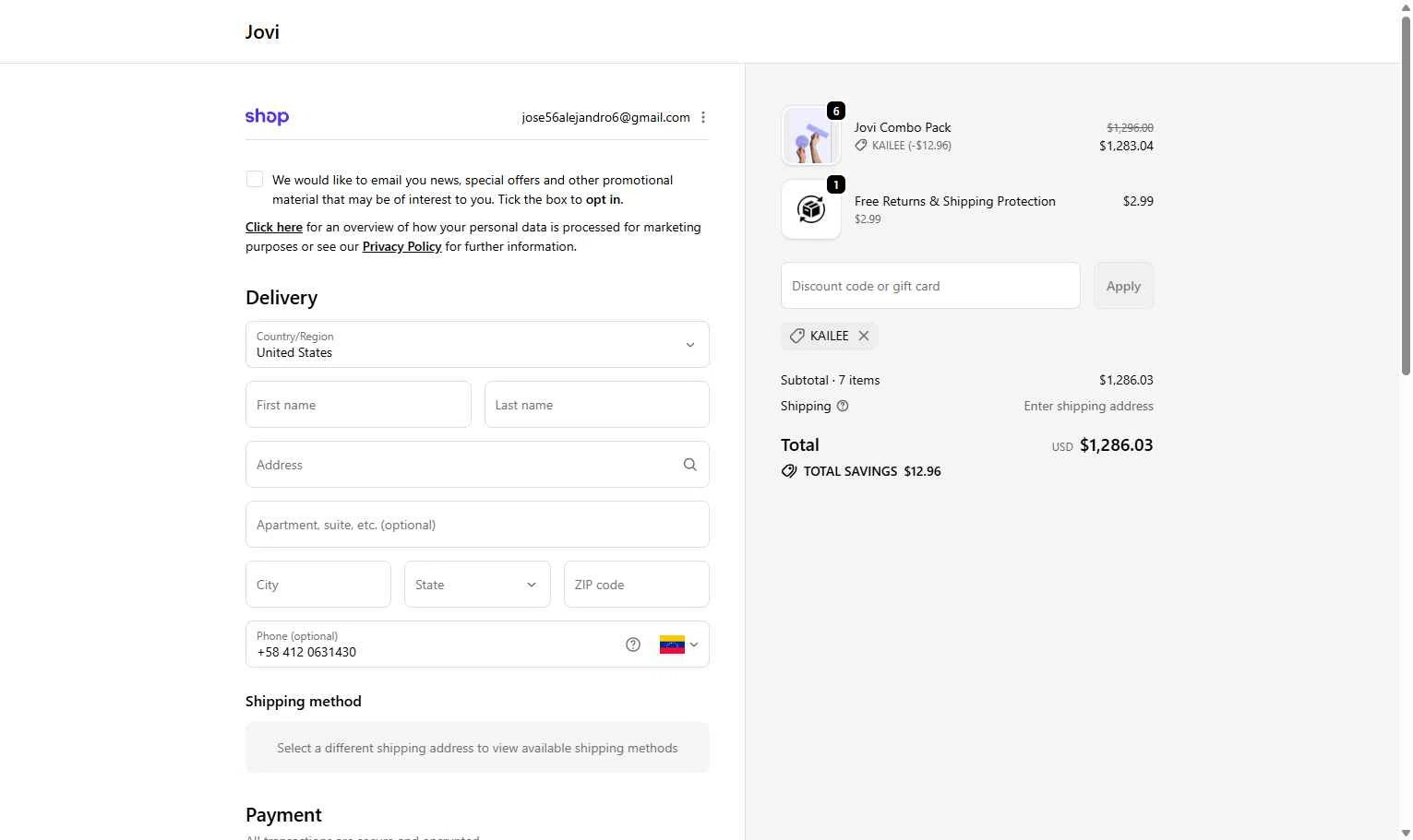 Jovi checkout page showing Jovi discount code box | Screenshot taken by SimplyCodes community member on Feb 6, 2026