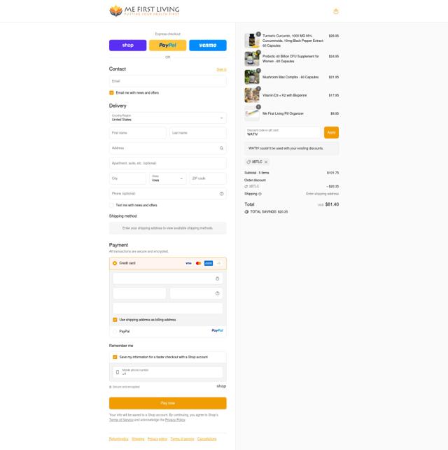 Me First Living checkout page showing Me First Living discount code box | Screenshot taken by SimplyCodes community member on Sep 10, 2025