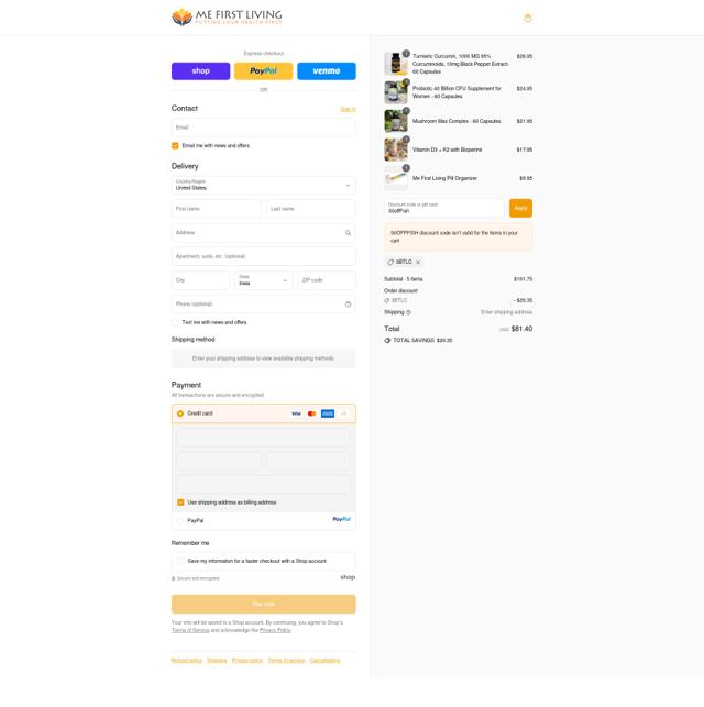 Me First Living checkout page showing Me First Living discount code box | Screenshot taken by SimplyCodes community member on Sep 10, 2025