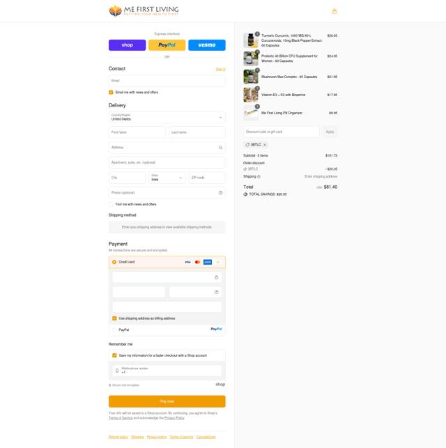Me First Living checkout page showing Me First Living discount code box | Screenshot taken by SimplyCodes community member on Sep 10, 2025