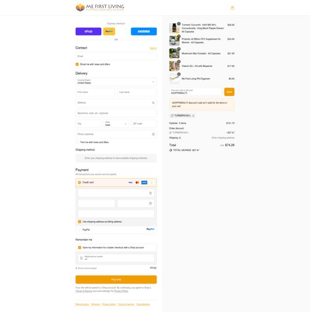 Me First Living checkout page showing Me First Living discount code box | Screenshot taken by SimplyCodes community member on Sep 10, 2025