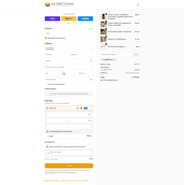 Me First Living checkout page showing Me First Living discount code box | Screenshot taken by SimplyCodes community member on Sep 10, 2025