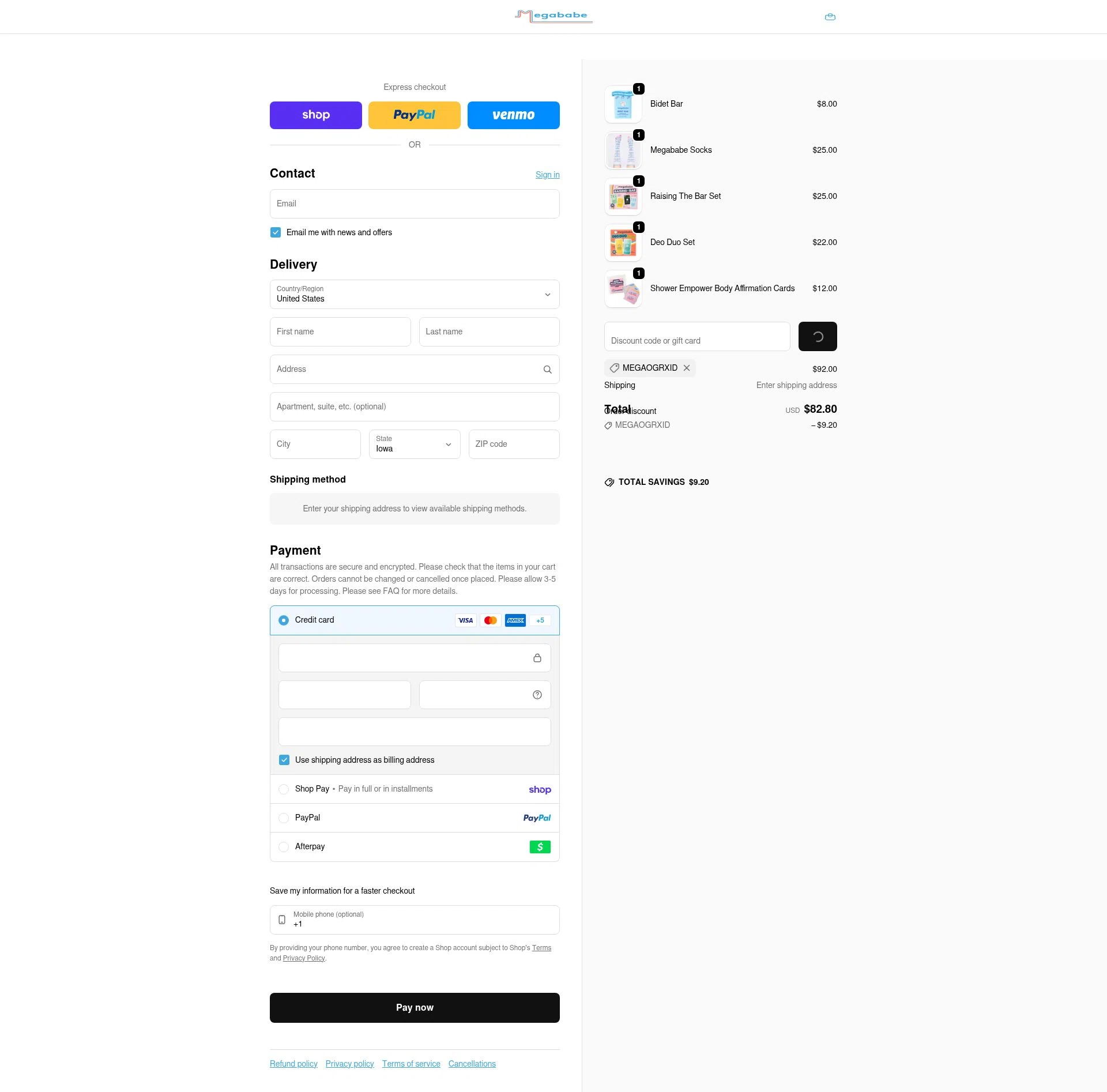 Megababe checkout page showing Megababe discount code box | Screenshot taken by SimplyCodes community member on Jan 31, 2026
