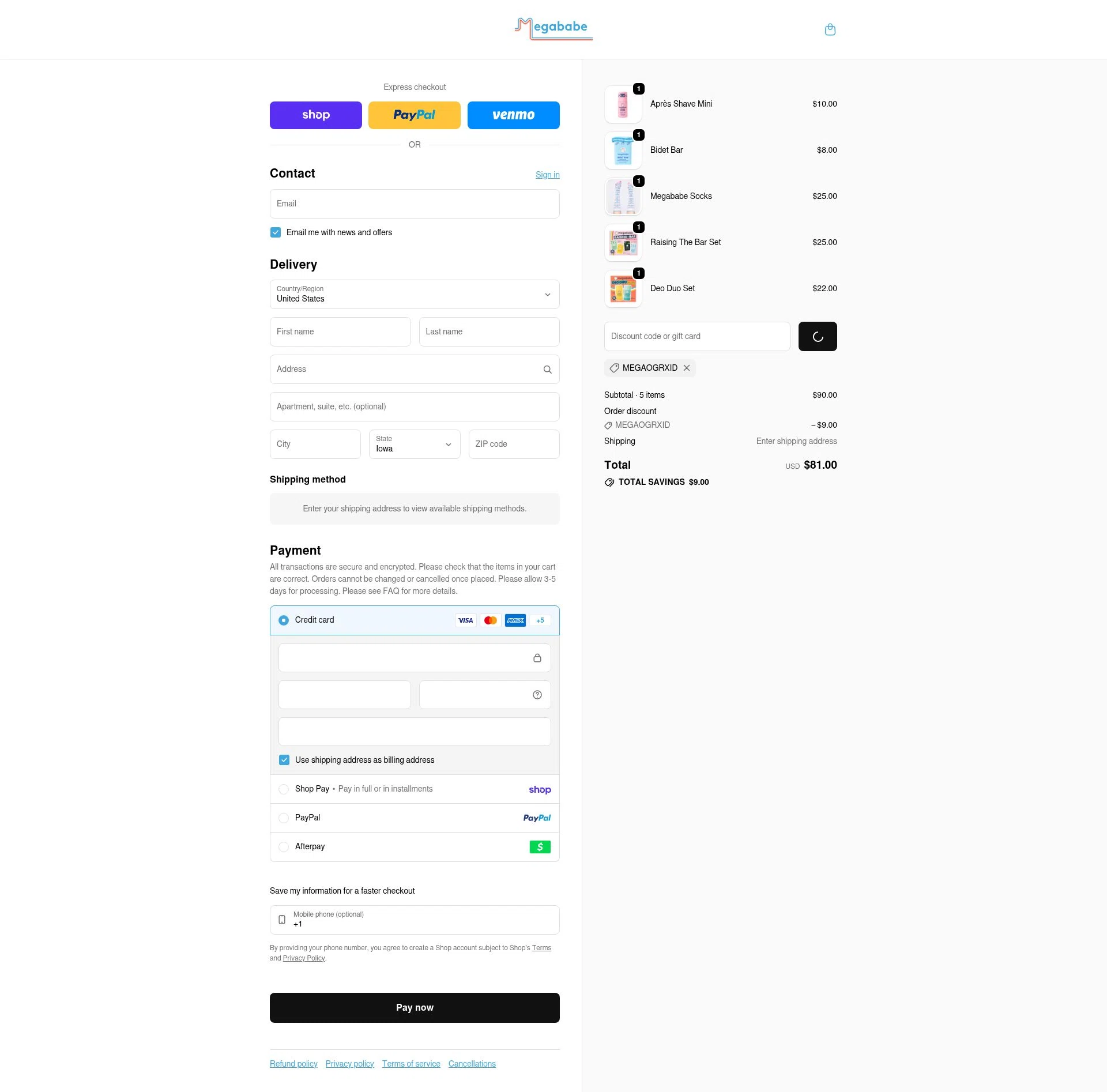 Megababe checkout page showing Megababe discount code box | Screenshot taken by SimplyCodes community member on Feb 7, 2026