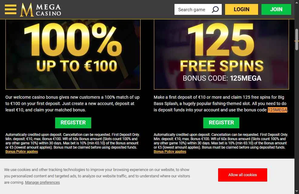 Mega Casino checkout page showing Mega Casino coupon code box | Screenshot taken by SimplyCodes community member on Apr 27, 2025
