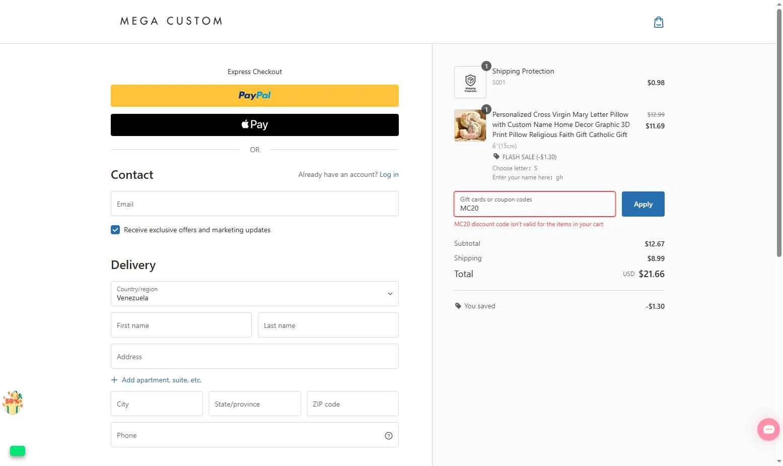 MegaCustom checkout page showing MegaCustom promo code box | Screenshot taken by SimplyCodes community member on Dec 26, 2025