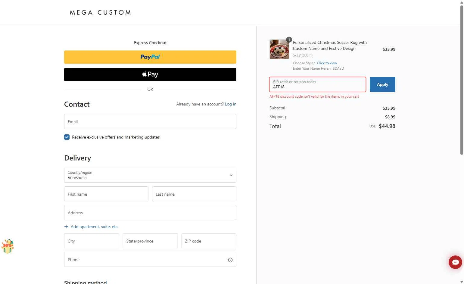 MegaCustom checkout page showing MegaCustom promo code box | Screenshot taken by SimplyCodes community member on Nov 19, 2025