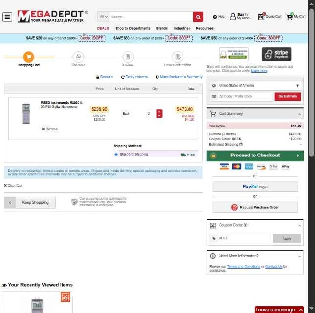MegaDepot checkout page showing MegaDepot coupon code box | Screenshot taken by SimplyCodes community member on May 11, 2025