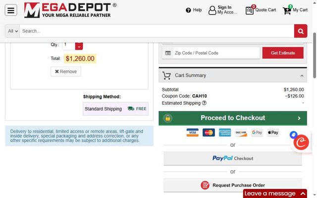 MegaDepot checkout page showing MegaDepot coupon code box | Screenshot taken by SimplyCodes community member on May 6, 2025