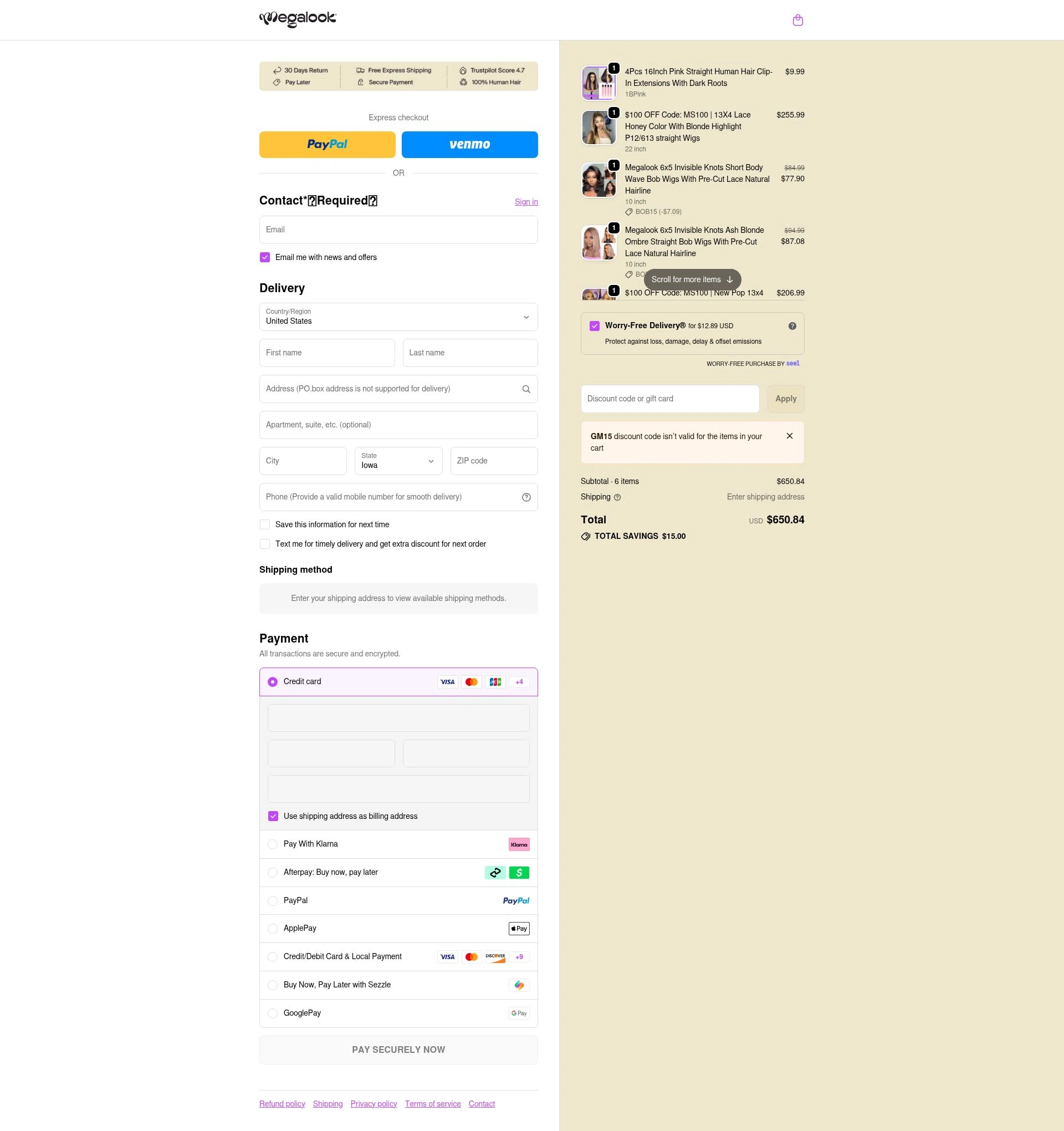 Megalook Hair checkout page showing Megalook Hair discount code box | Screenshot taken by SimplyCodes community member on Jan 11, 2026