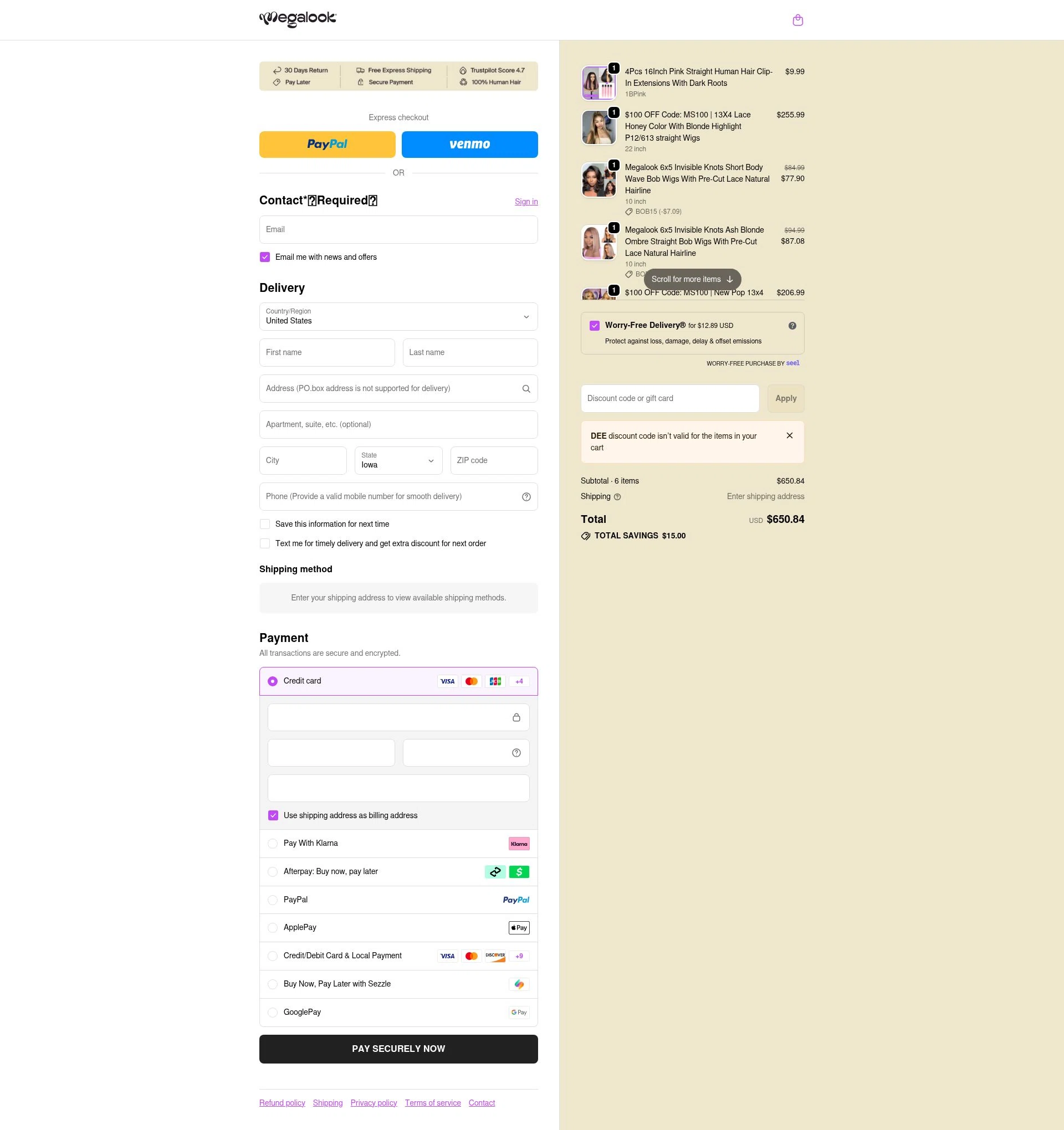 Megalook Hair checkout page showing Megalook Hair discount code box | Screenshot taken by SimplyCodes community member on Jan 11, 2026