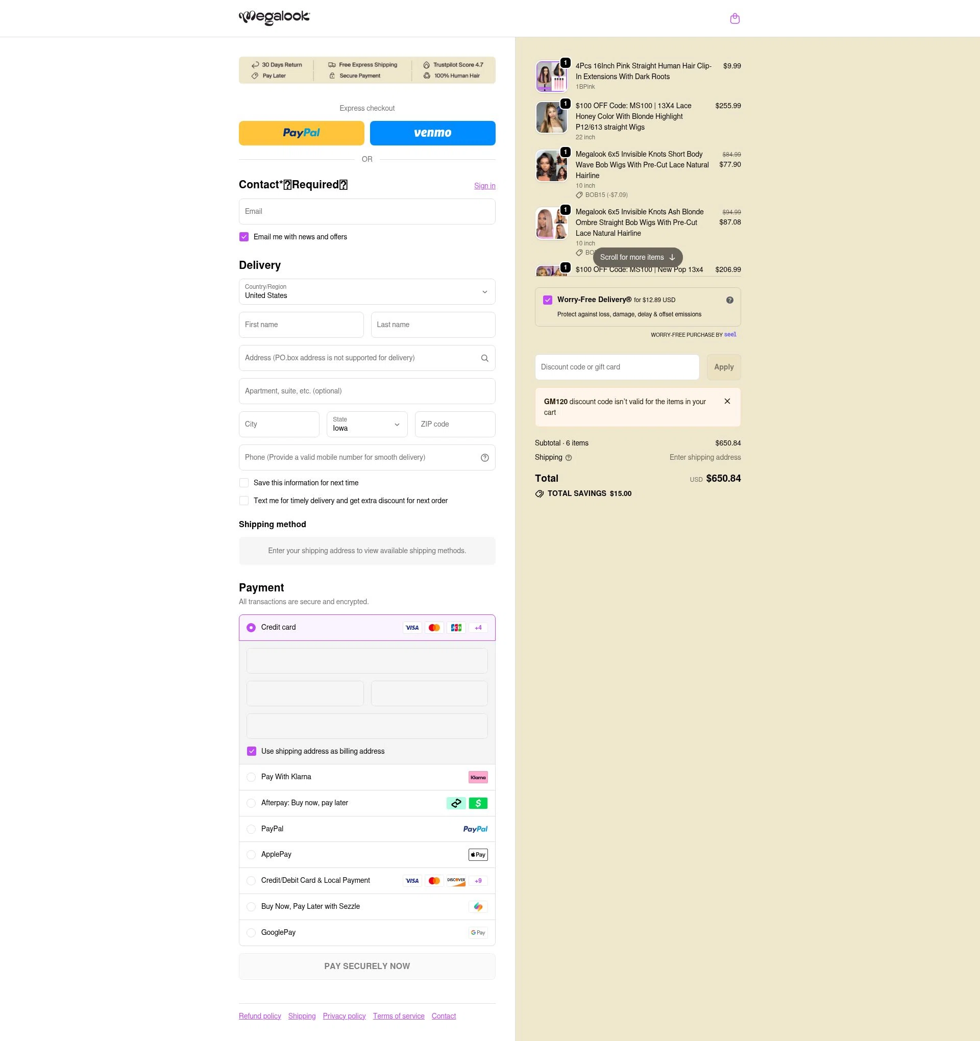 Megalook Hair checkout page showing Megalook Hair discount code box | Screenshot taken by SimplyCodes community member on Jan 11, 2026
